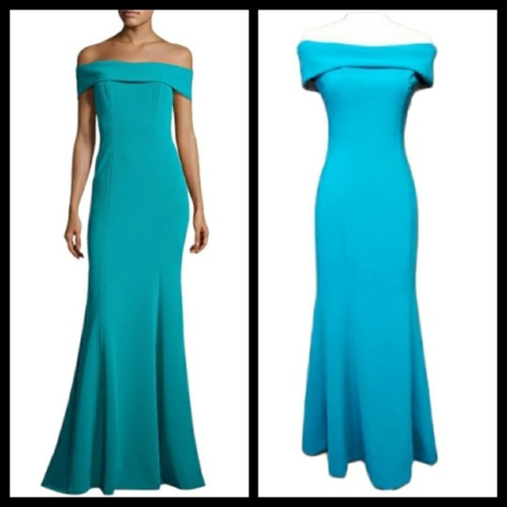 Theia Blue Off Shoulder Long Crepe Gown Dress